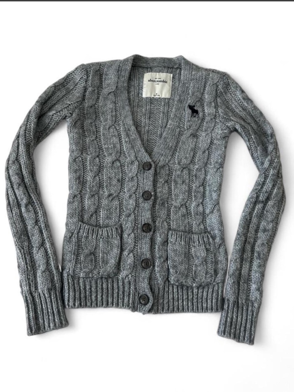 Abercrombie kids Heather Gray Cable-Knit V-Neck Button Cardigan Wool Sz M